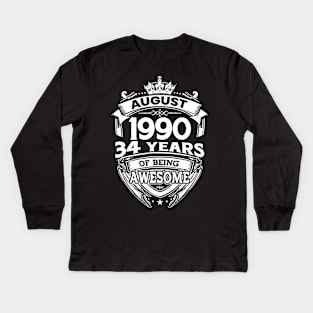 August 1990 34 Years Of Being Awesome 34th Birthday Kids Long Sleeve T-Shirt